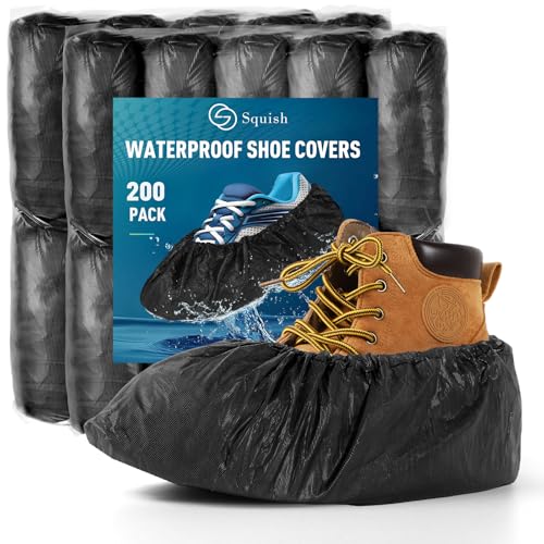squish Shoe Covers Disposable Non-Slip, 200 Pack 6g Thick Booties Cover, Waterproof Slip Resistant Disposable Shoe Covers Durable Protector Covers for Indoors and Outdoors Fit Up to 13 Size (Black)