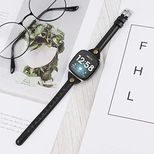 Minyee Black Leather Versa 4/Versa 3/Sense 2/Sense Watch Band – Slim, Anti-Slip Strap