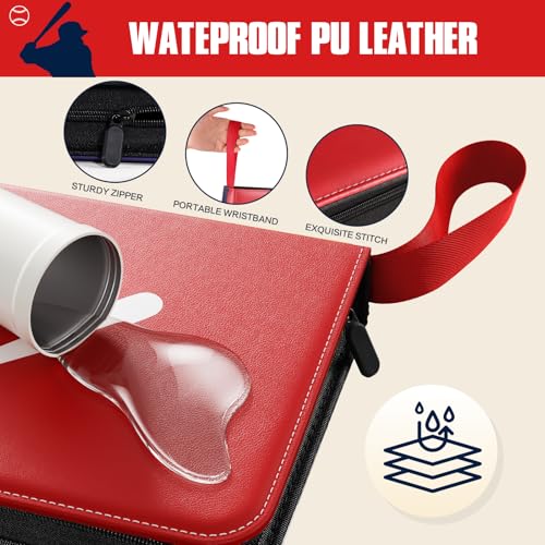 efunny Baseball Red 400-Pocket Card Binder with 50 Removable Sleeves – Waterproof 9x7in, 4 Pocket Organizer for Baseball Cards