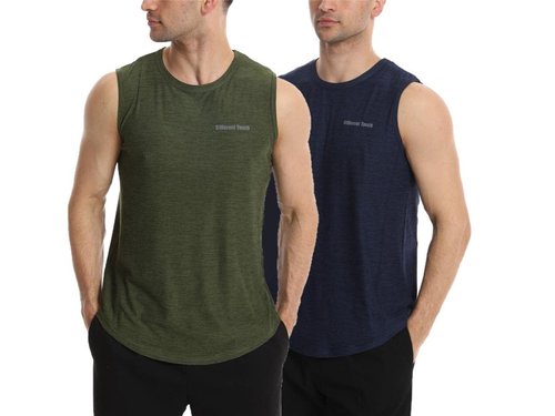 Different Touch Men’s 2 Pack Active Gym Workout Sleeveless Shirts Quick Dry Crew Neck Muscle Tank Top (XL, Military Green/Navy)