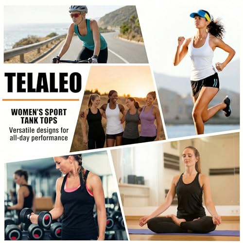 TELALEO Women's Workout Tank Tops 5 Pack Racerback Compression Sleeveless - Slim Fit & Medium Sizes, Black/Grey/White/Red/Purple
