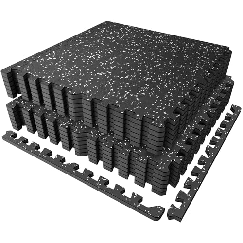 Heavy Duty Gym Mats - 12 Interlocking Rubber Tiles, 48 Sq Ft, Black/Grey