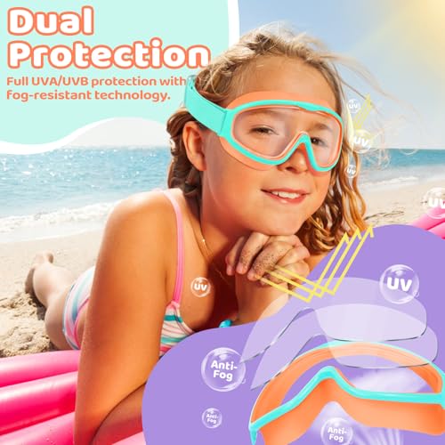 Vvinca Kids Swim Goggles with Fabric Strap - Anti-Fog, Orange & Rose Pink, Ages 3-14