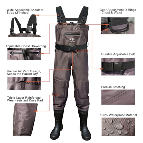 Fiblink 2-Ply Nylon/PVC Chest Waders with Boots, Waterproof Fishing & Hunting Waders (Brown, M9/W11)