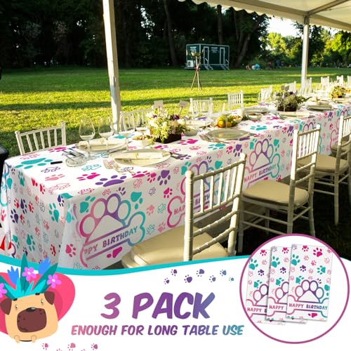 Newwiee Pink Series Paw Print Tablecloths 3-Piece, Disposable Plastic 108 x 51 in