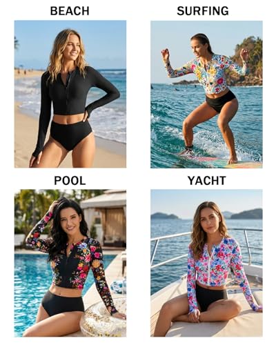 WOWENY Women's Cropped Zip-Up Rash Guard Shirt UPF50+ Long Sleeve Swim Top - Black, Small