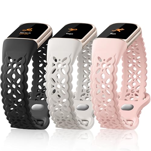 Maledan Stylish Lace Floral Fitbit Charge 5/6 Sport Bands for Women, Adjustable, Waterproof, Black/Starlight/Pink, 5.5-8.2 inch Wrist