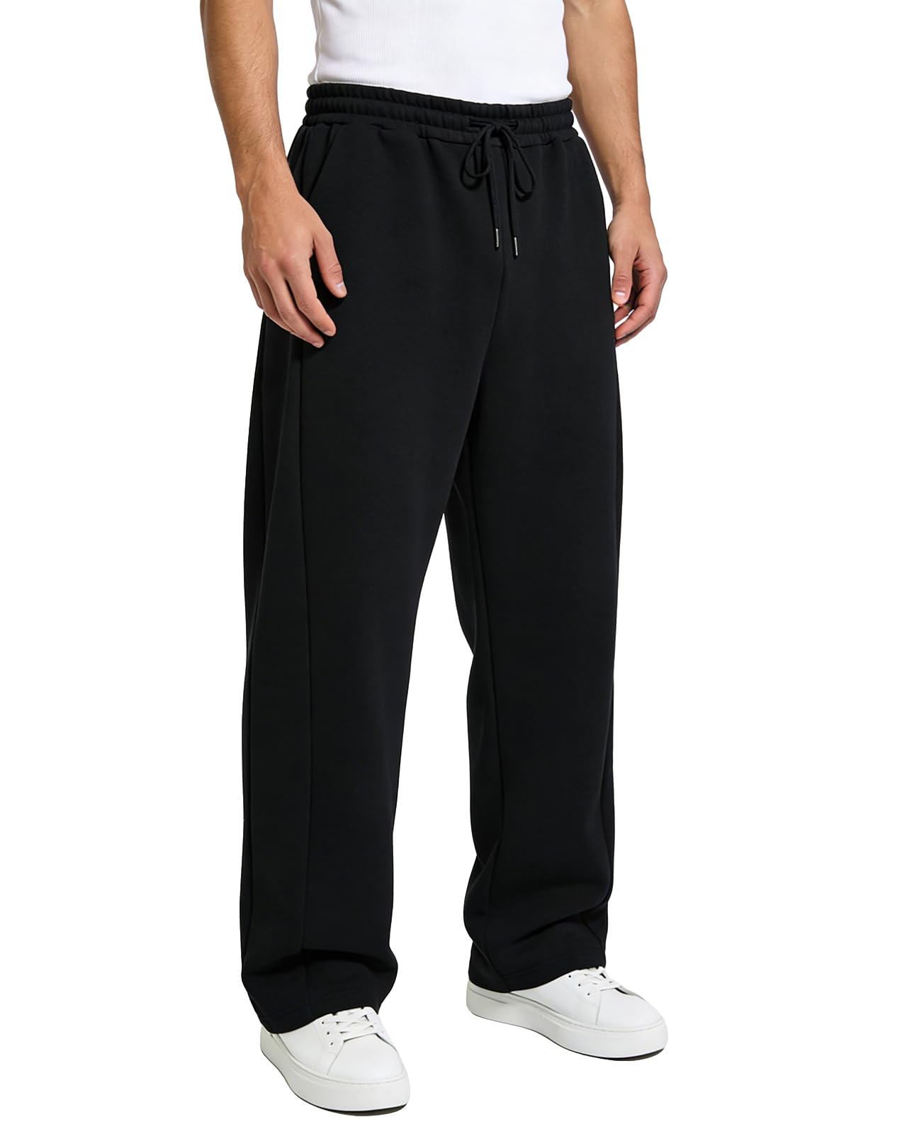 BUXKR Men's Baggy Sweatpants Wide Leg Sweat Pants Fleece Lounge Cotton Loose Elastic Drawstring Waist Pants with Pockets Black