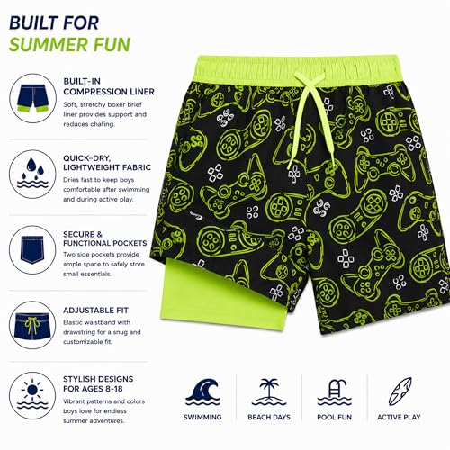 Boys Board Shorts Swim Trunks with Compression Liner - Black Lime Gaming
