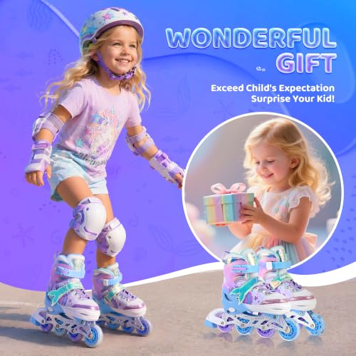 NEMONE Girls Adjustable Light-Up Inline Skates - Mermaid & Butterfly, Small - Ocean Mermaid