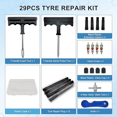 29 PCS Tubeless Tire Repair Kit - Emergency Puncture Tool Set