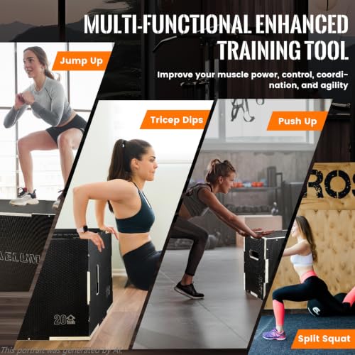 CAELUM 3-in-1 Black Wooden Plyometric Jump Box - 16 x 13 x 12 Inches, Non-Slip Gym Equipment