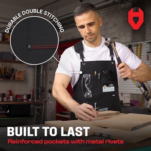 NoCry Woodworking Apron for Men ? Reinforced Pockets with Metal Rivets, Magnetic Holder & Leather Tool Loops ? Shop Aprons for Men with Cross-Back Straps, Non-Slip Shoulder Pads & Quick-Release Buckle
