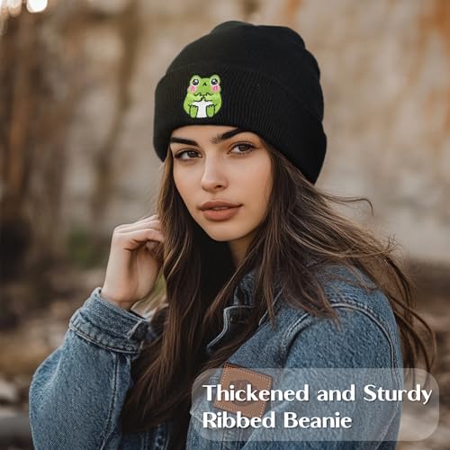 Cute Frog Embroidered Knit Beanie - Black Winter Warm Stretch Hat