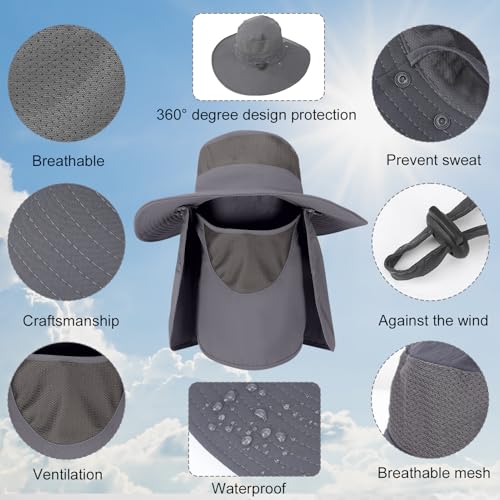 4 Pack Sun Hats for Men Women UPF 50 Wide Brim Bucket Hat with Removable Neck Curtain - Light Gray & Gray