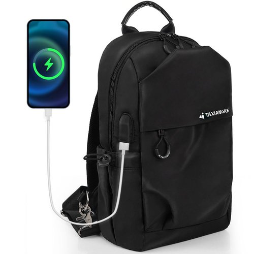 Crossbody Sling Bag For Men Women,Water-Resistant black nylon Single-shoulder bag, With USB interface lightweight Chest Pack,For Commute cycing travel running Everyday use