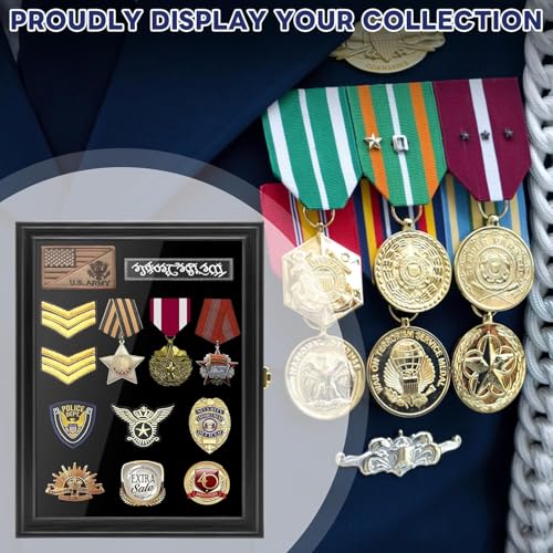 15.4x11.2 Inch Solid Pine Wood Military Pin & Badge Shadow Box Display Case with UV Acrylic, Lockable Wall Mount
