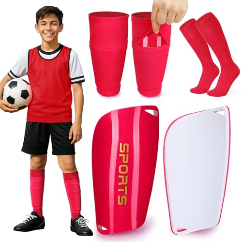 XZQTIVE Soccer Shin Guards Set with Sleeves and Socks, Kid/Youth M Red