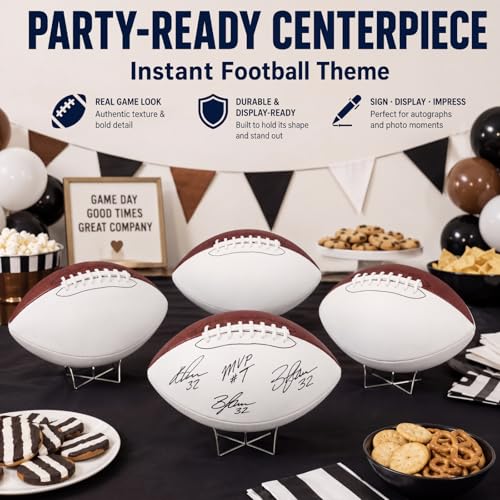Hiboom Autograph Football Set with Stand - White & Brown Size 9, 4 Pack