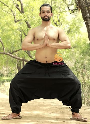 SARJANA Men's Cotton Harem Yoga Baggy Genie Boho Pants Free Size Black 1