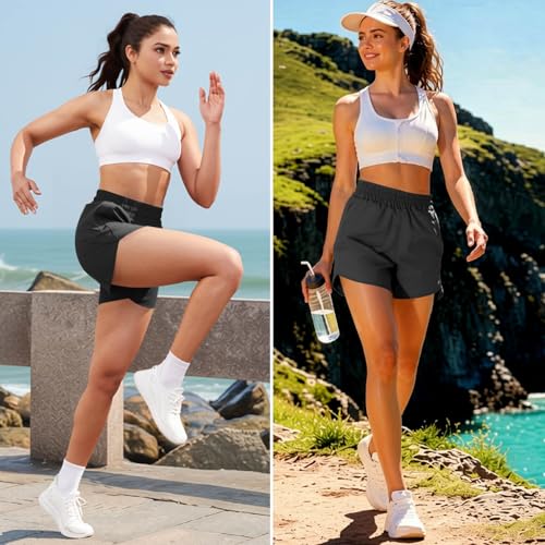 Hooxum Women's High Waist Running Shorts Large Black Quick Dry Athletic Gym Shorts with Zip Pocket