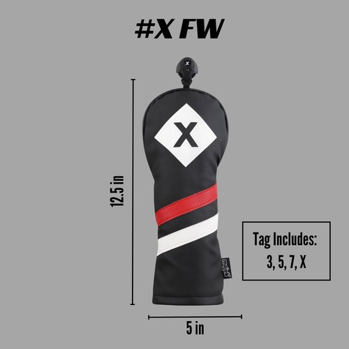 Majek Retro Golf Headcover Black Red and White Vintage Leather Style X Fairway Wood Head Cover Classic Look, Wheel Tag Includes Numbers 3 Through 7 Plus X