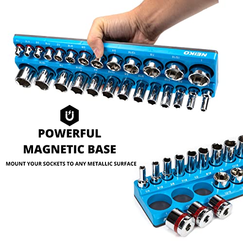 NEIKO 03972A Magnetic Socket Holder, 3/8¡± Drive, 1/4¡± to 1¡± SAE, Shallow & Deep Sockets Tray, Standard Socket Set Organizer, Socket Organizers for Toolboxes Trays, Scratch Free, High Visibility