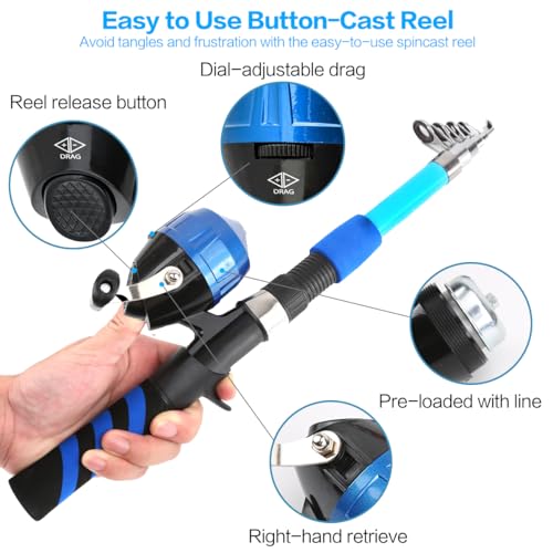 Yoilreyl 5.9ft Telescopic Fishing Rod & Reel Combo - Push Button Start, Blue