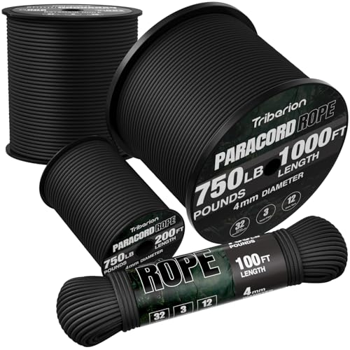 750 lb Paracord Rope - 50ft 5/32" Heavy Duty Survival Cord - Black
