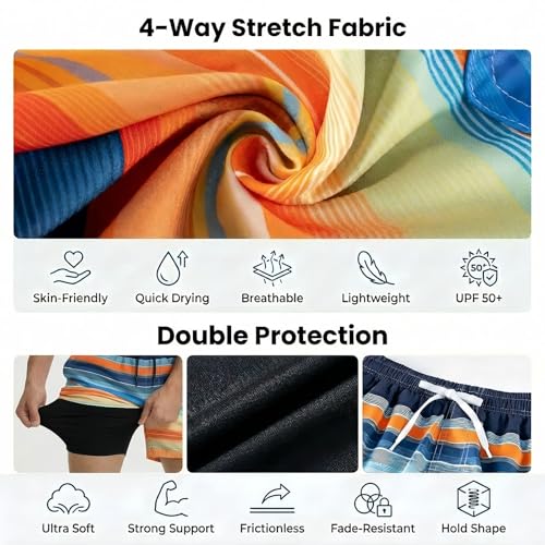 Todbiccz Boys 3-Pack Swim Trunks with Compression Liner - Stripe Navy/Orange/Black Aqua/Green, Size 14-16