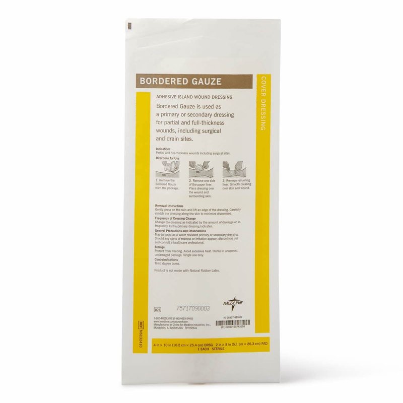 Medline Bordered Gauze, 4" x 10" Adhesive Island Wound Dressing, Sterile, 15 Count