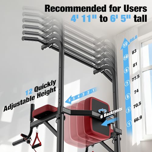 Multi-Function Pull Up Bar Power Tower - Height Adjustable, Black Red