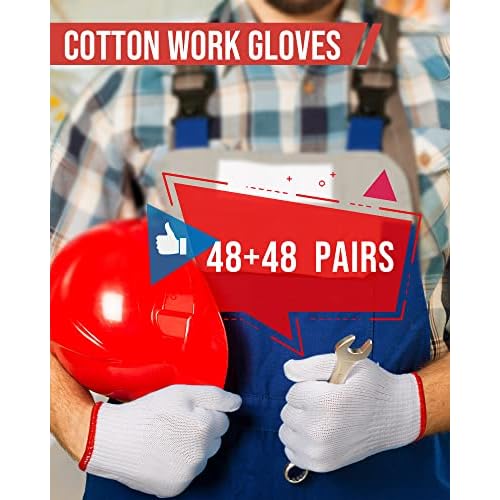 Honeydak 96 Pairs White Cotton Hand Gloves, Cotton Safety Liner Gloves Grip Knit Gloves for Men, Women, BBQ, Hand Repair, Painter Mechanic Warehouse Gardening