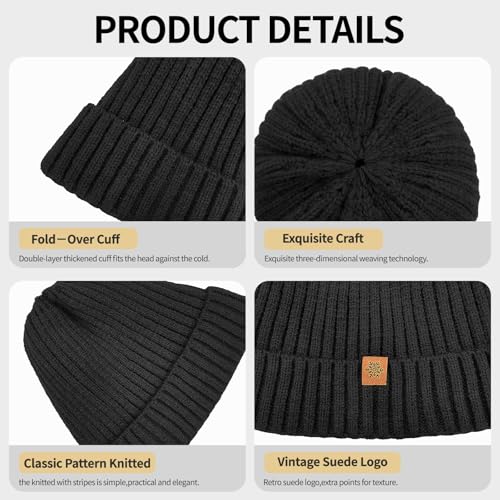 Winter Beanie Hat - Thermal Fleece Lined Knit Cap - Black