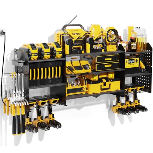 Power Tool Organizer Wall Mount with Charging Station, Expanded Width Power Tool Storage Rack, Large Tool Battery Organizer with Screwdriver/Hammer Heavy Duty Garage Storage