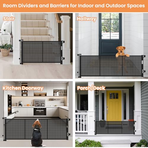Reinforced 22 Inch Tall Retractable Dog Gate Step Over Pet Gate, 75" Wide Dog Gate for Stairs with Support Rods-Prevent Crawling Under, Indoor Short Pet Gate Puppy Gate Outdoor Retractable Gate/Black