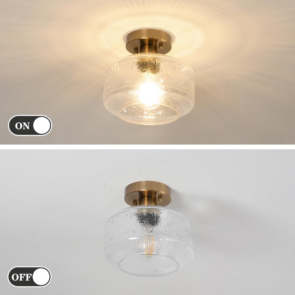 Vintage Semi Flush Mount Ceiling Light Fixture - Brass & Thickened Glass for Hallway, Entryway, Bedroom, Bathroom
