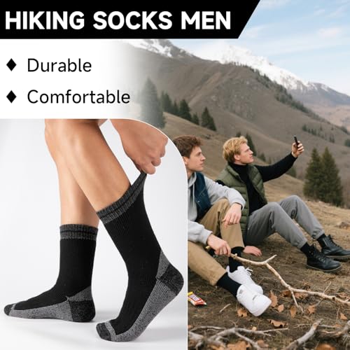 Thick Thermal Merino Wool Hiking Socks for Men - Black, 4 Pairs