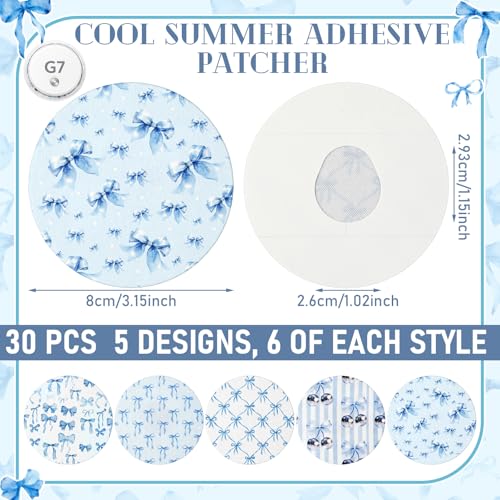 Geiserailie 30 Pcs Dexcom G7 Adhesive Patches, Blue Bow, Pre-Cut Waterproof Skin-Friendly