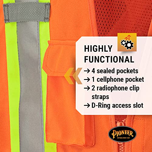 Pioneer Hi Vis Tear-Away Mesh Back Safety Vest for Me - Reflective Tape, 4 Pockets - Construction, Traffic, Security - Orange