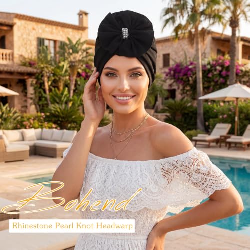 Flower Turban Beanie with Rhinestone Pearl Knot - Headwrap for Women