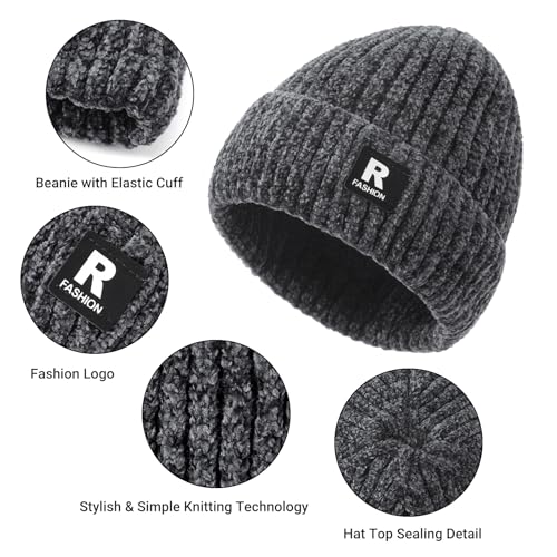 Chenille Winter Beanie Hat, Scarf & Gloves Set - Grey