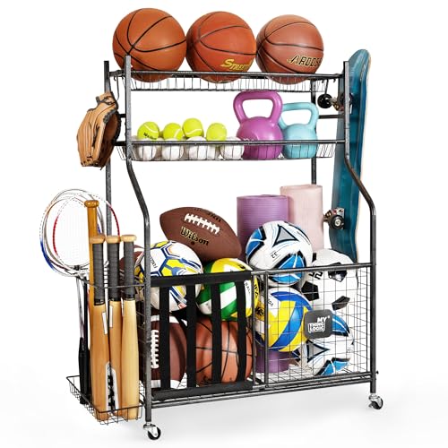 Heavy-Duty Sports Equipment Organizer Cart with Hooks & Bins