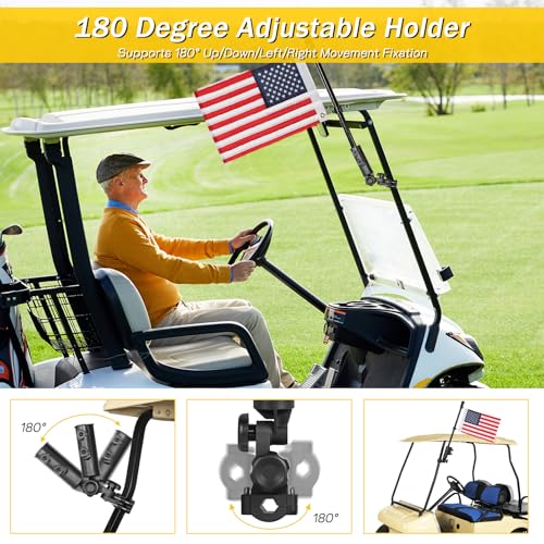 Black Golf Cart Flag Holder with USA Flag Kit - Adjustable Dual Stainless Poles