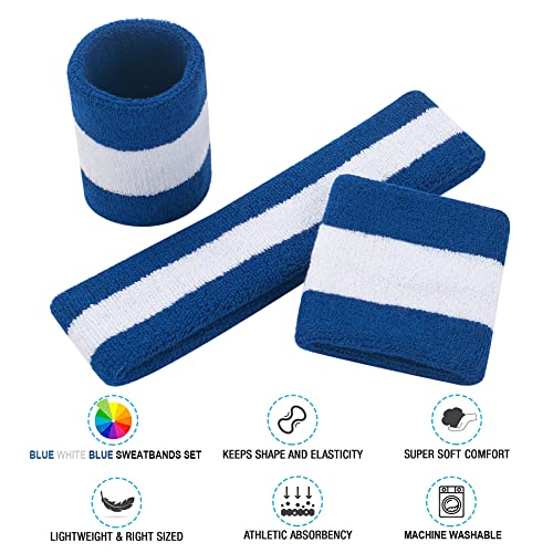 Sweatbands Headband and Wristband Set - Blue/White/Blue