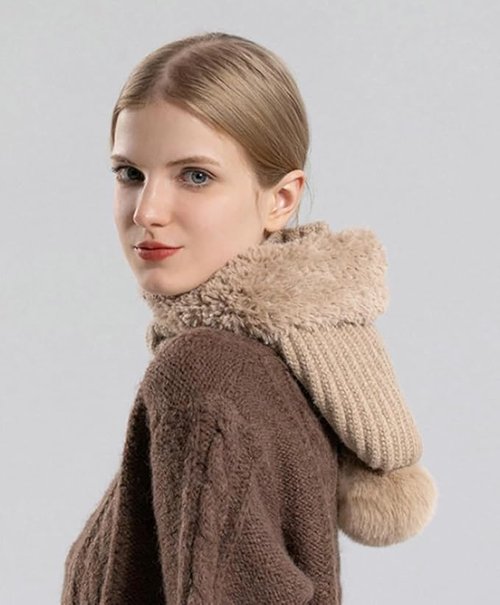 3 in 1 Beanie Hat for Women, 3 in 1 Beanie Hat with Scarf and Mask,Warm Winter Pom Hat for Cold Weather (Khaki)