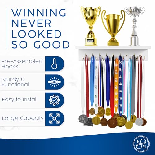 Wooden Medal Hanger with Trophy Shelf and Hooks for Awards Display