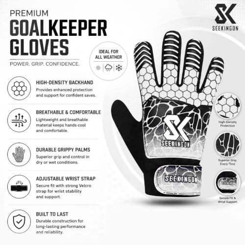 Youth Soccer Goalie Gloves - Size 4 for 6-9 Years - White/Black