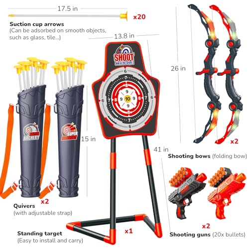 GMAOPHY Red LED Light Up Kids Bow and Arrow Toy Set - 2 Pack for Indoor & Outdoor Play