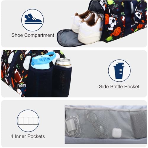 RHCPFOVR Gym Travel Duffle Bag for Boys - Deep Blue with Shoe & Wet Pocket, Kids Sports Overnight Bag